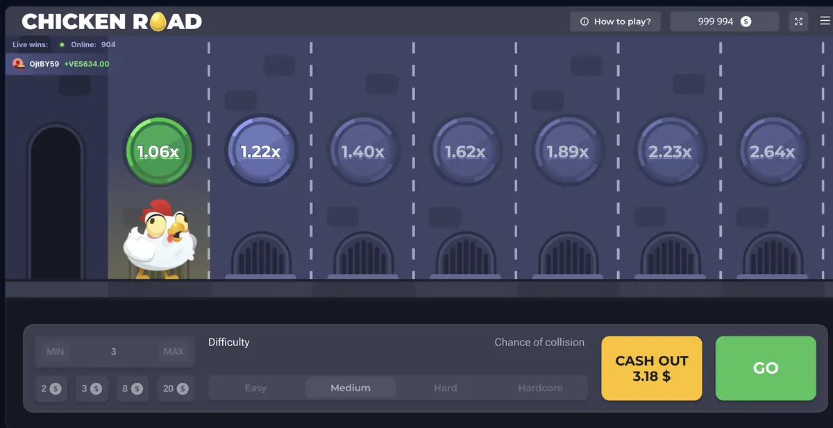 Chicken Road em demo com botão Cash Out e multiplicadores de 1.06x a 2.64x